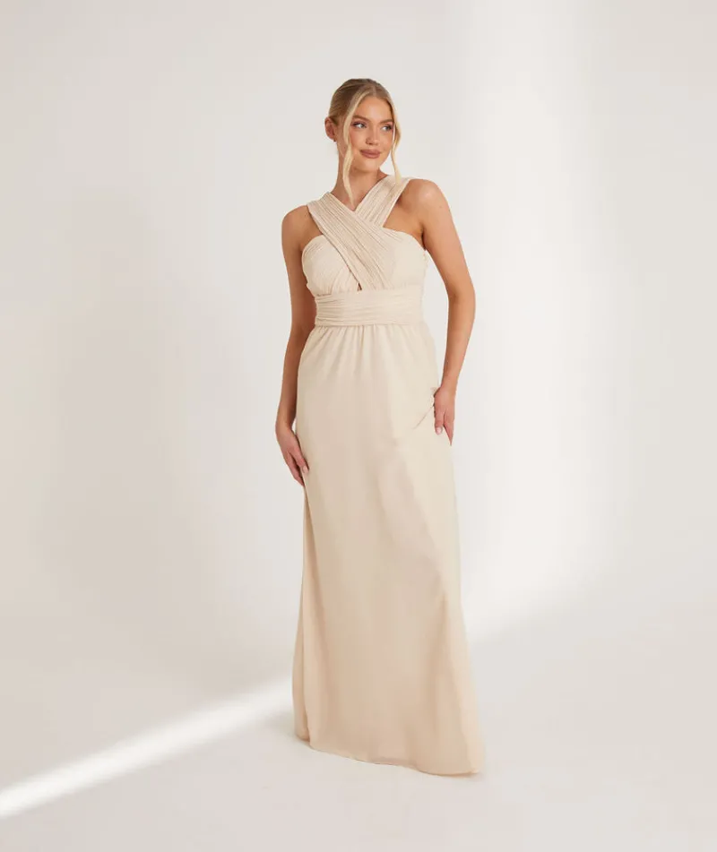 Discount Six Stories Cross Neck Pleated Waist Chiffon Bridesmaid Dress - Butter Cream