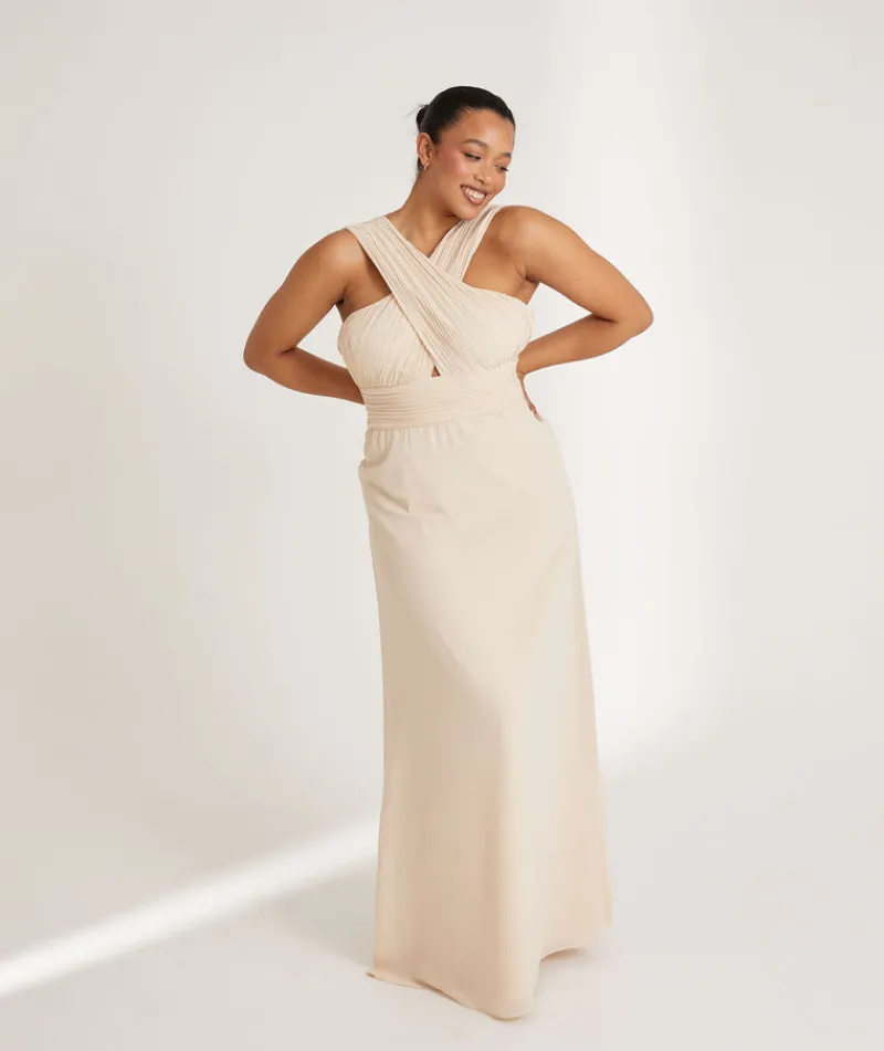 Discount Six Stories Cross Neck Pleated Waist Chiffon Bridesmaid Dress - Butter Cream