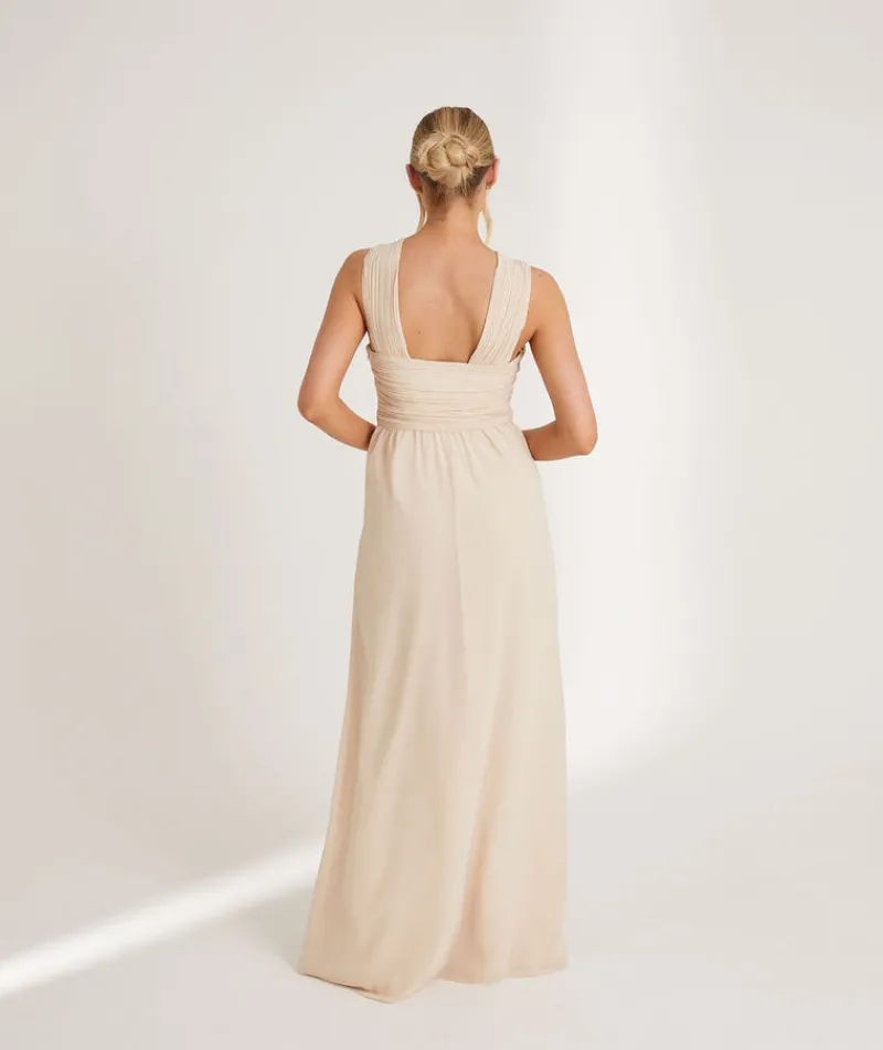 Discount Six Stories Cross Neck Pleated Waist Chiffon Bridesmaid Dress - Butter Cream