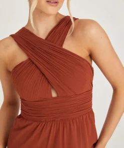 Best Six Stories Cross Neck Pleated Waist Chiffon Bridesmaid Dress - Rust