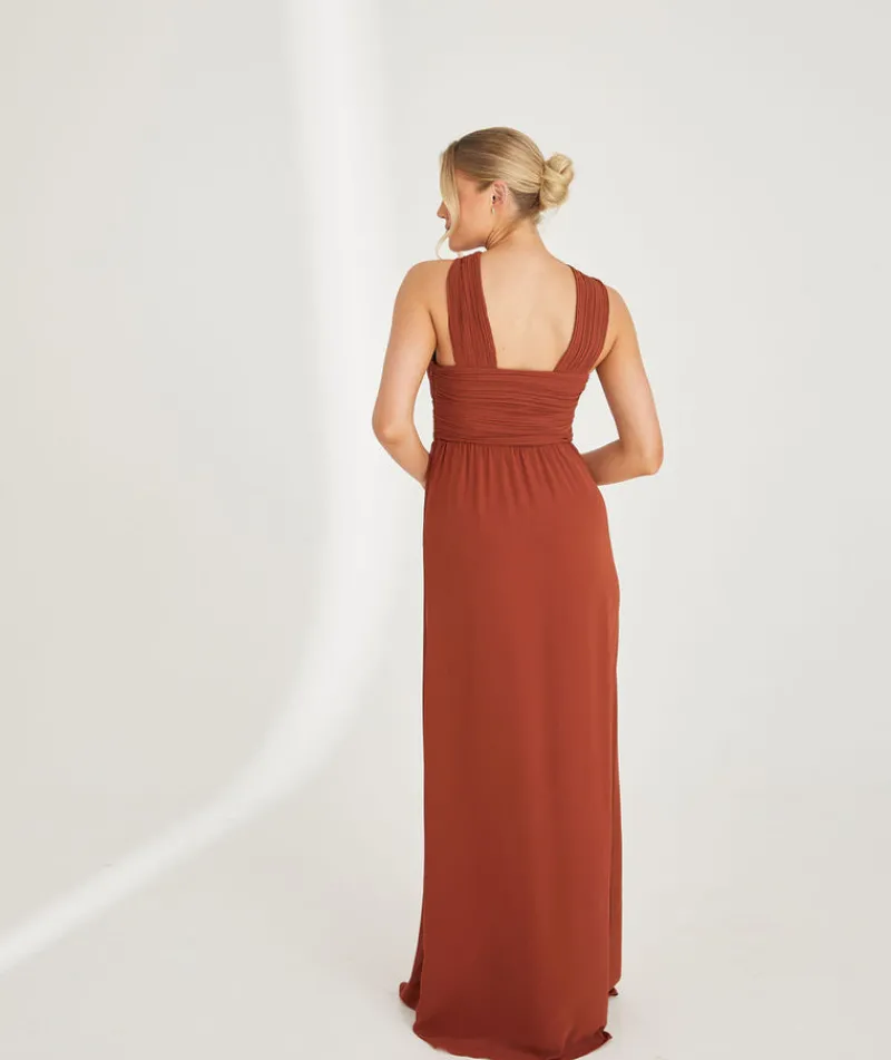 Best Six Stories Cross Neck Pleated Waist Chiffon Bridesmaid Dress - Rust