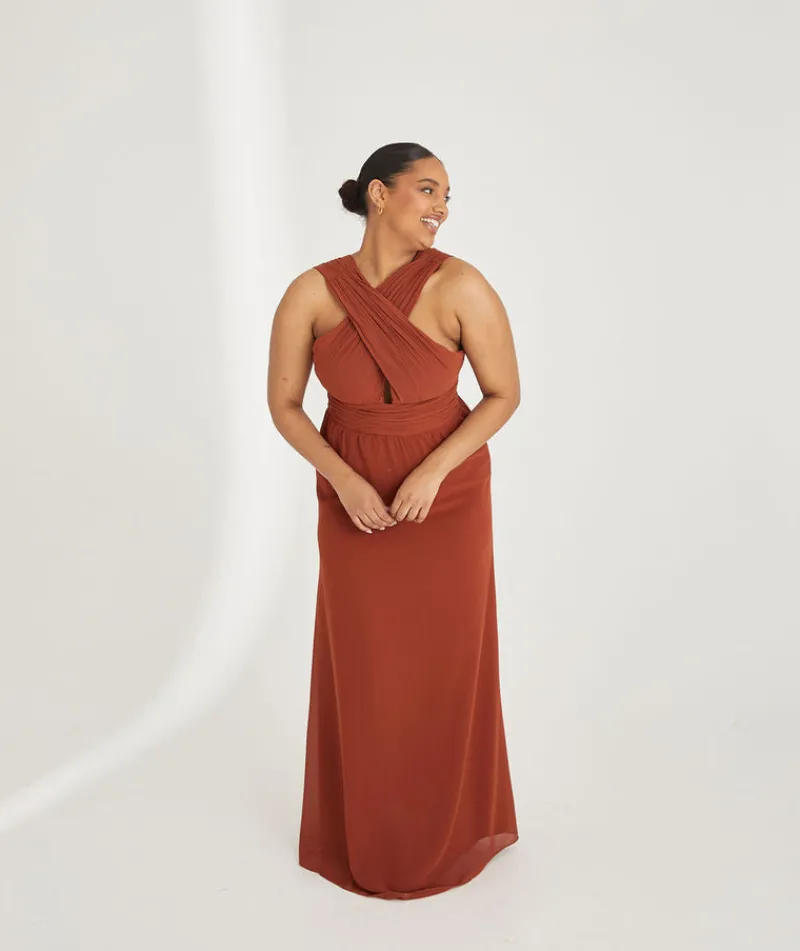 Best Six Stories Cross Neck Pleated Waist Chiffon Bridesmaid Dress - Rust
