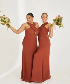 Best Six Stories Cross Neck Pleated Waist Chiffon Bridesmaid Dress - Rust