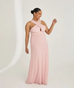 New Six Stories Cross Neck Pleated Waist Chiffon Bridesmaid Dress - Peony Pink