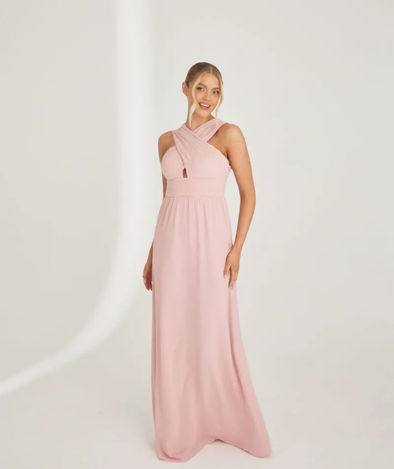 New Six Stories Cross Neck Pleated Waist Chiffon Bridesmaid Dress - Peony Pink