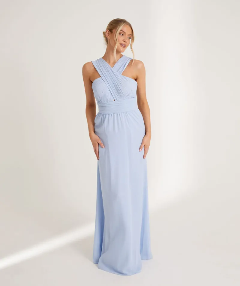 Best Six Stories Cross Neck Pleated Waist Chiffon Bridesmaid Dress - Cornflower Blue