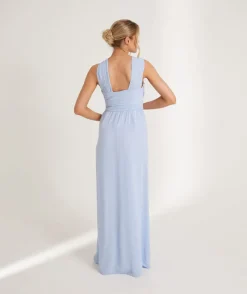Best Six Stories Cross Neck Pleated Waist Chiffon Bridesmaid Dress - Cornflower Blue
