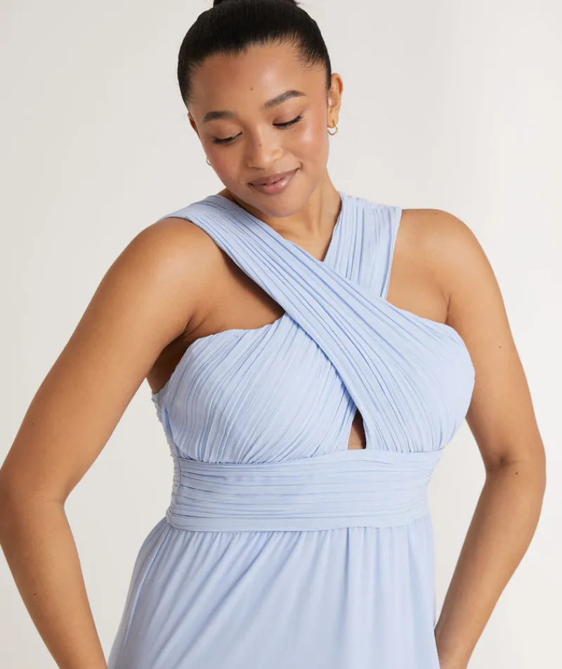 Best Six Stories Cross Neck Pleated Waist Chiffon Bridesmaid Dress - Cornflower Blue