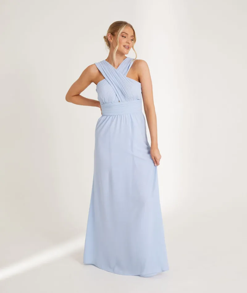 Best Six Stories Cross Neck Pleated Waist Chiffon Bridesmaid Dress - Cornflower Blue