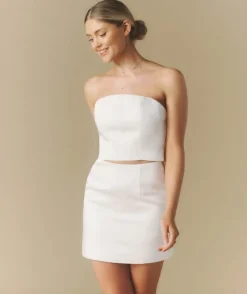 Six Stories Curved Bandeau Satin Crop Top - White