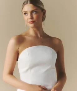 Six Stories Curved Bandeau Structured Satin Mini Dress - White