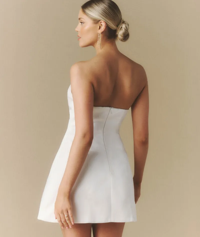 Six Stories Curved Bandeau Structured Satin Mini Dress - White