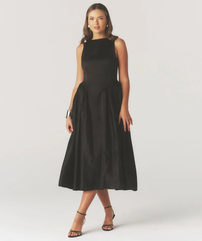 Six Stories Drop Waist Midi Dress with Volume Skirt - Black