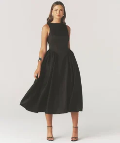 Six Stories Drop Waist Midi Dress with Volume Skirt - Black