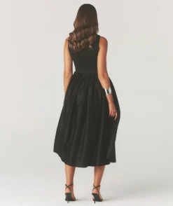 Six Stories Drop Waist Midi Dress with Volume Skirt - Black