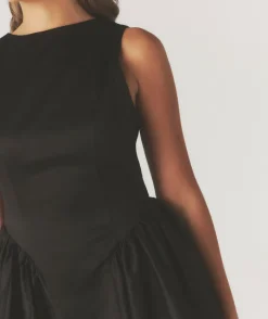 Six Stories Drop Waist Midi Dress with Volume Skirt - Black