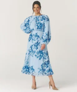 Hot Six Stories Floral Balloon Sleeve Maxi Dress - Pale Blue