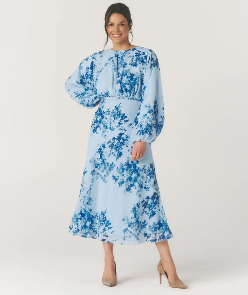 Hot Six Stories Floral Balloon Sleeve Maxi Dress - Pale Blue