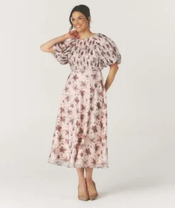 Six Stories Floral Pleat Detail Midi Dress - Pink