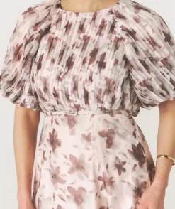 Six Stories Floral Pleat Detail Midi Dress - Pink