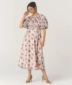 Six Stories Floral Pleat Detail Midi Dress - Pink