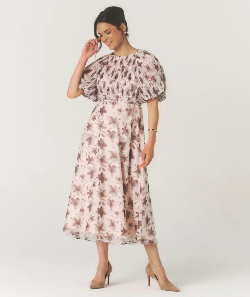 Six Stories Floral Pleat Detail Midi Dress - Pink