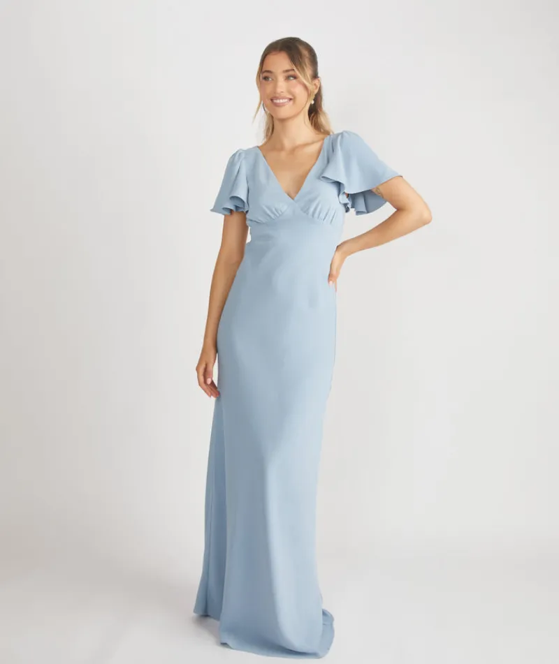 New Six Stories Flutter Sleeve Crepe Bridesmaid Dress - Pale Blue