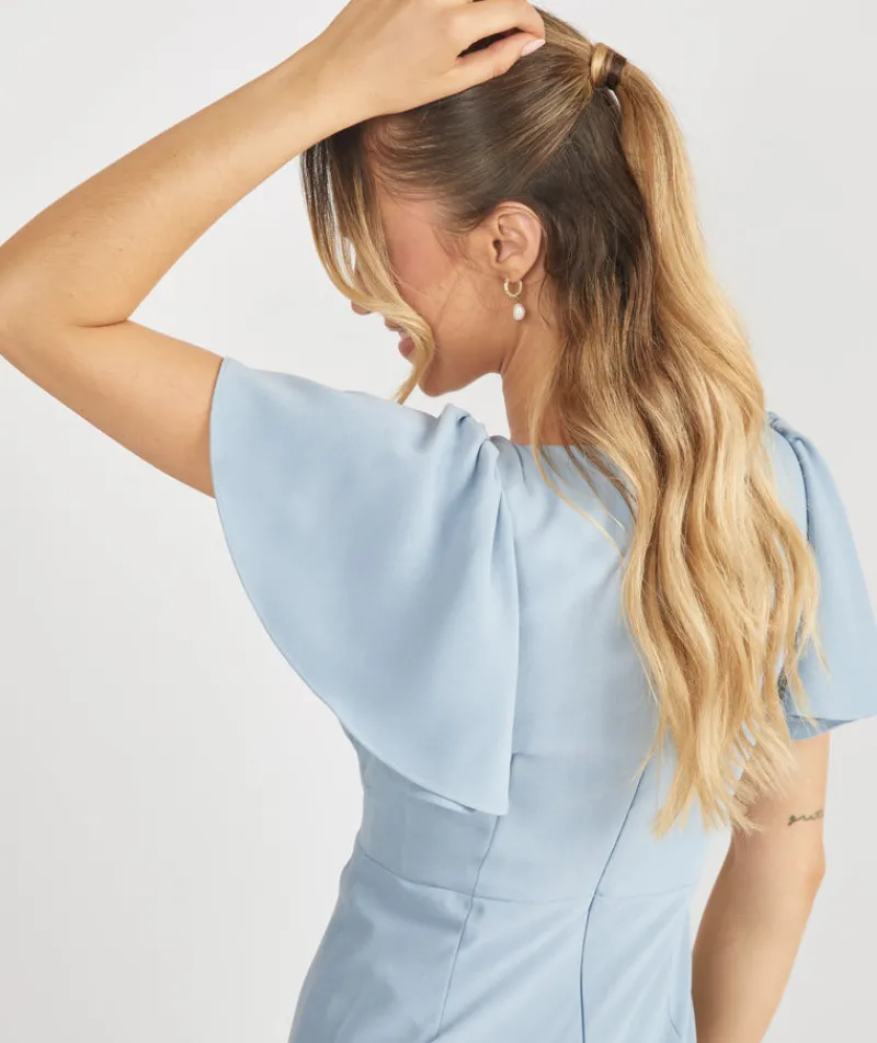 New Six Stories Flutter Sleeve Crepe Bridesmaid Dress - Pale Blue