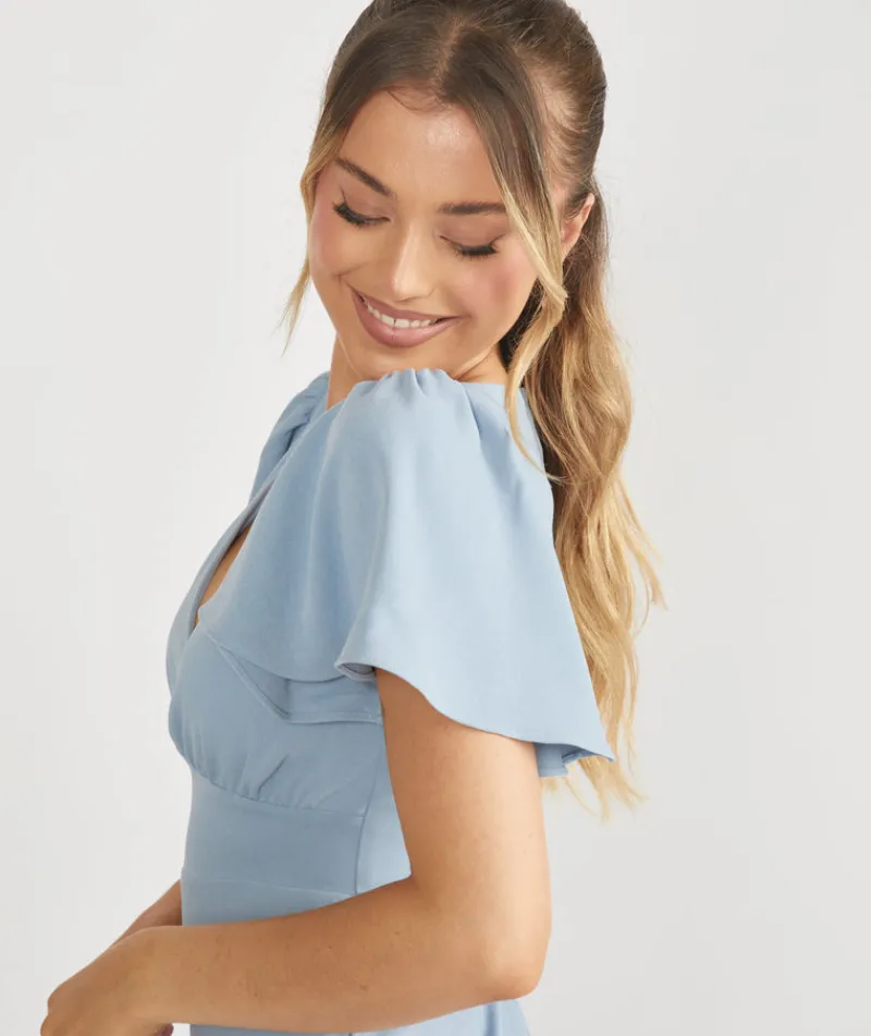 New Six Stories Flutter Sleeve Crepe Bridesmaid Dress - Pale Blue