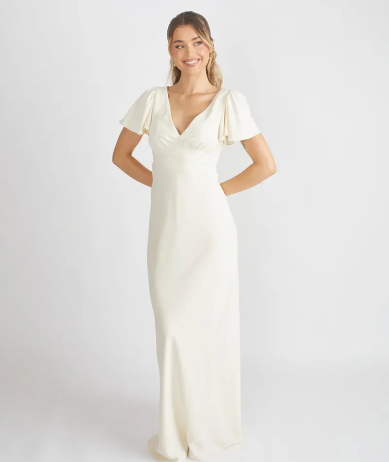Clearance Six Stories Flutter Sleeve Crepe Bridesmaid Dress - Almond