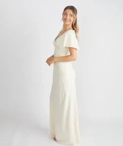 Clearance Six Stories Flutter Sleeve Crepe Bridesmaid Dress - Almond