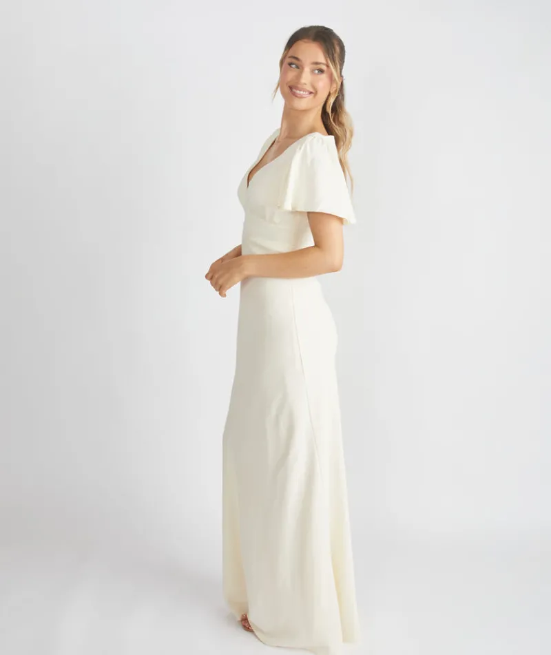 Clearance Six Stories Flutter Sleeve Crepe Bridesmaid Dress - Almond