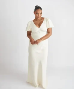 Clearance Six Stories Flutter Sleeve Crepe Bridesmaid Dress - Almond