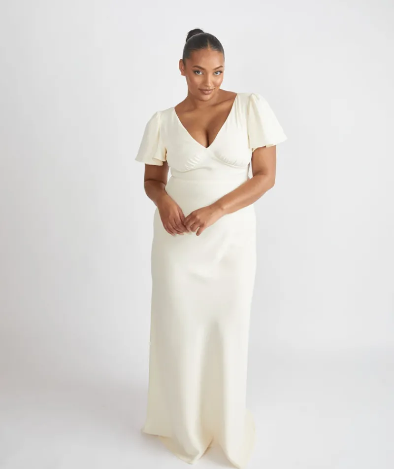 Clearance Six Stories Flutter Sleeve Crepe Bridesmaid Dress - Almond