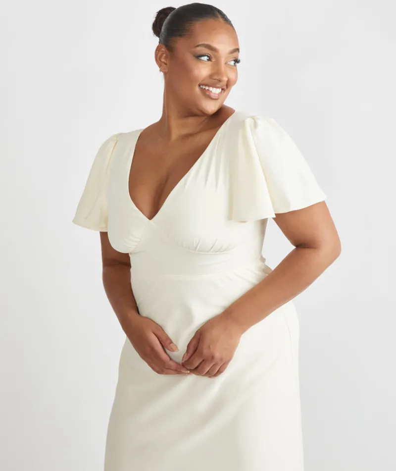 Clearance Six Stories Flutter Sleeve Crepe Bridesmaid Dress - Almond