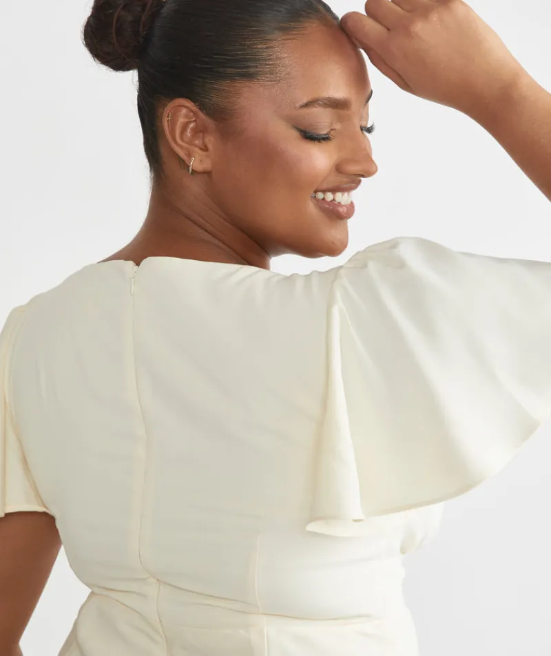Clearance Six Stories Flutter Sleeve Crepe Bridesmaid Dress - Almond