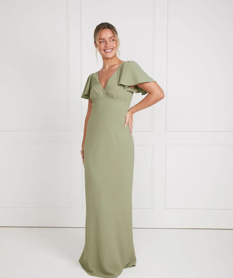 Discount Six Stories Flutter Sleeve V Neck Plunge Crepe Bridesmaid Dress - Sage