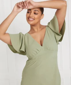 Discount Six Stories Flutter Sleeve V Neck Plunge Crepe Bridesmaid Dress - Sage