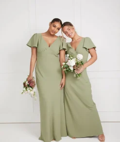Discount Six Stories Flutter Sleeve V Neck Plunge Crepe Bridesmaid Dress - Sage