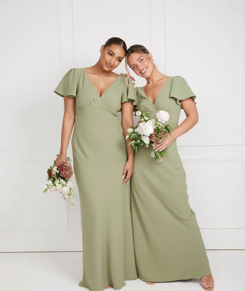 Discount Six Stories Flutter Sleeve V Neck Plunge Crepe Bridesmaid Dress - Sage