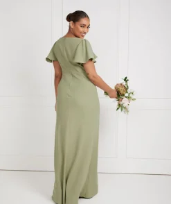 Discount Six Stories Flutter Sleeve V Neck Plunge Crepe Bridesmaid Dress - Sage