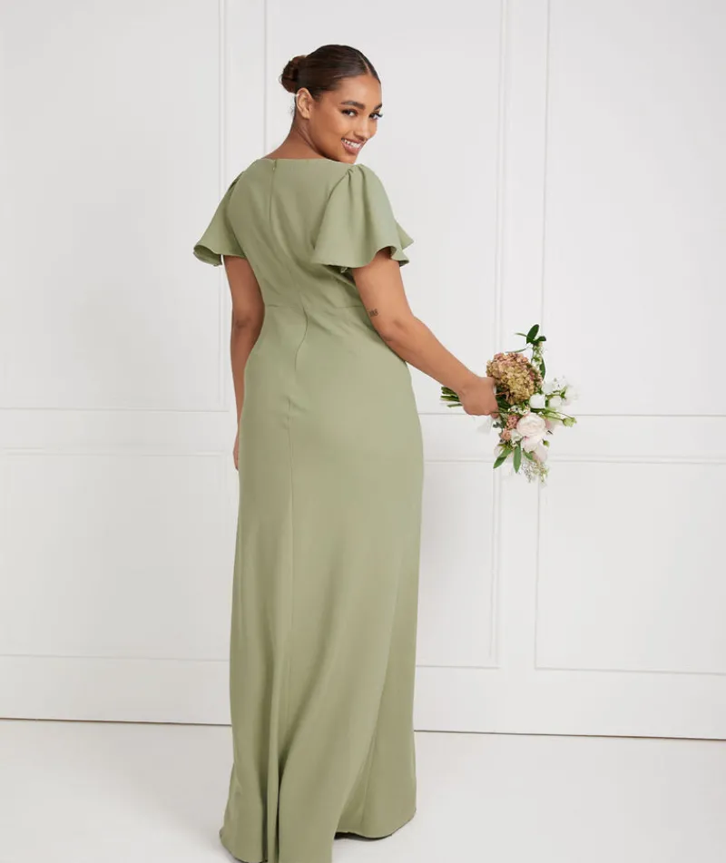 Discount Six Stories Flutter Sleeve V Neck Plunge Crepe Bridesmaid Dress - Sage