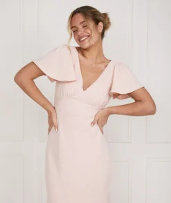 Sale Six Stories Flutter Sleeve V Neck Plunge Crepe Bridesmaid Dress - Blush