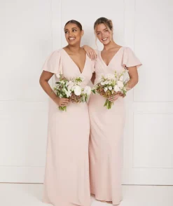 Sale Six Stories Flutter Sleeve V Neck Plunge Crepe Bridesmaid Dress - Blush