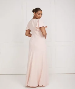 Sale Six Stories Flutter Sleeve V Neck Plunge Crepe Bridesmaid Dress - Blush