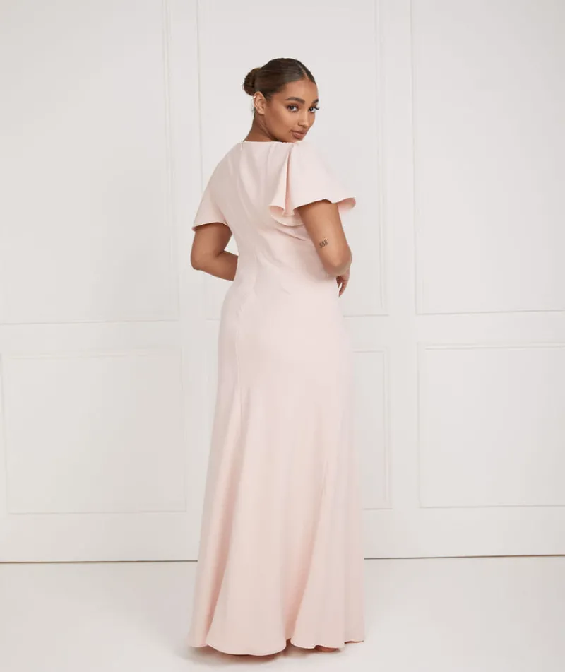 Sale Six Stories Flutter Sleeve V Neck Plunge Crepe Bridesmaid Dress - Blush