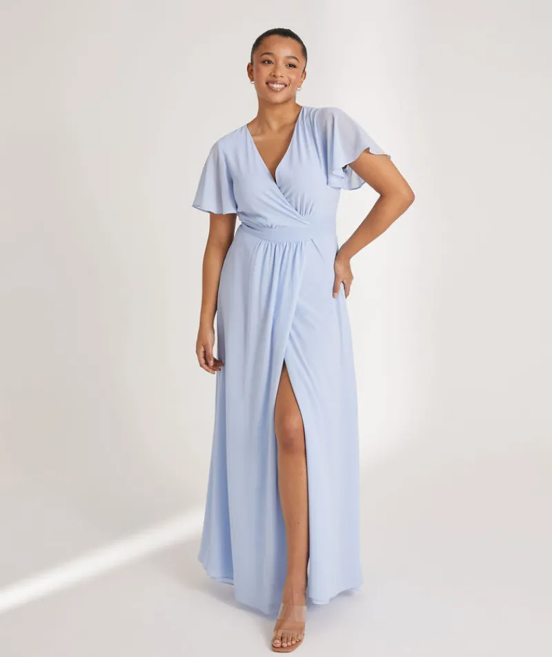 Six Stories Flutter Sleeve Wrap Tie Chiffon Bridesmaid Dress - Cornflower Blue