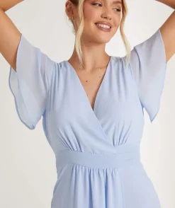 Six Stories Flutter Sleeve Wrap Tie Chiffon Bridesmaid Dress - Cornflower Blue