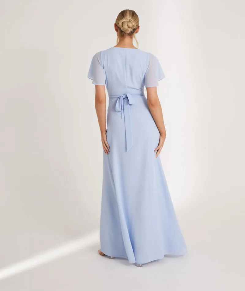 Six Stories Flutter Sleeve Wrap Tie Chiffon Bridesmaid Dress - Cornflower Blue