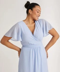 Six Stories Flutter Sleeve Wrap Tie Chiffon Bridesmaid Dress - Cornflower Blue